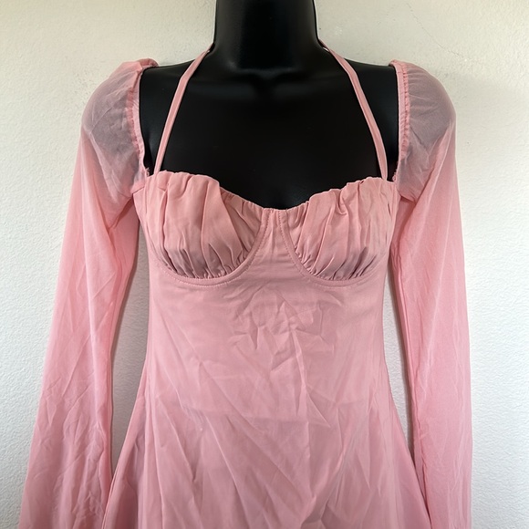 Princess Polly Pink Dyer Bell Long Sleeve Halter Ruched Bust Mini Dress - Picture 4 of 10